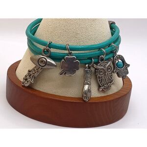 Vintage Leather Bracelet Adorned with Silver Tone Luck Protection & Wisdom Charm